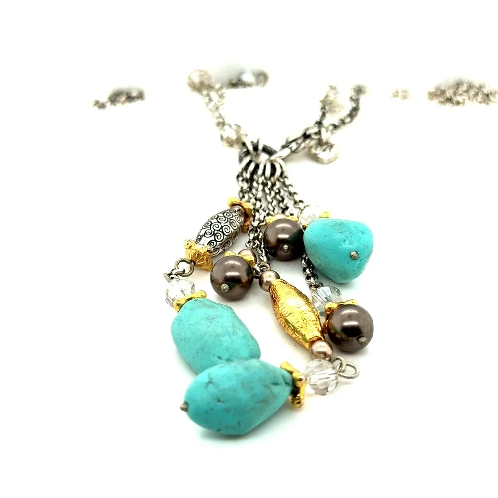 Brighton Turquoise Pearl Silver Gold Tone Tassel Necklace 17.5